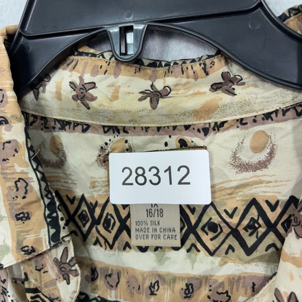 Cote de France Shirt Womens 1X Brown Geometric Tribal Print Silk Boho Button Up - Picture 6 of 6